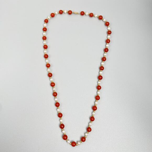 14K Gold Red Jade & Freshwater Pearl 24" Necklace ❤️ - Picture 12 of 12